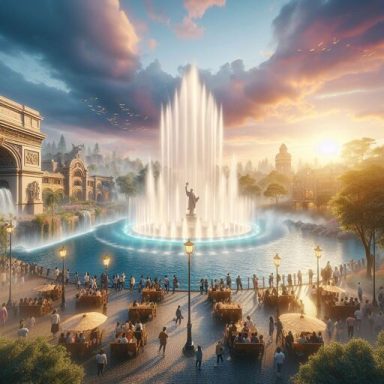 Springbrunnen mit Wasserspielen bei Sonnenuntergang, umgeben von Cafés und Stadtarchitektur.
